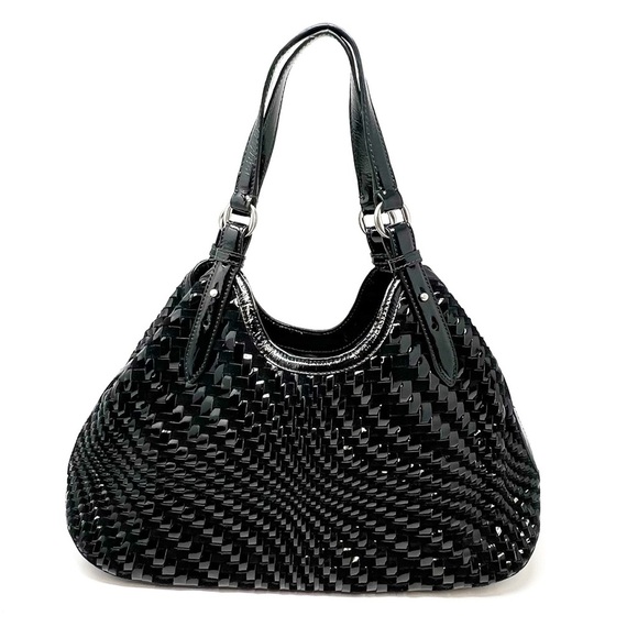 Cole Haan Genevieve Weave Large Triangle Tote Black Suede & Patent Leather EUC - Picture 8 of 9